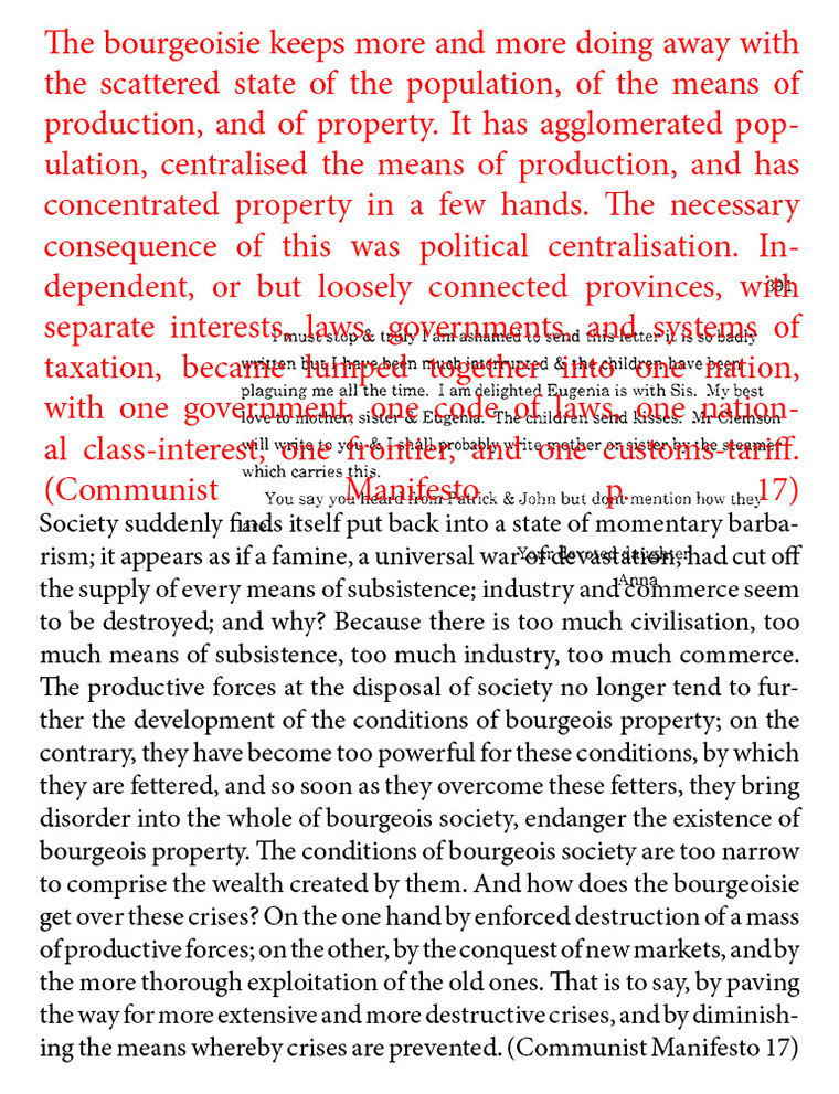 text-heavy image of letter annotated with large block red quotation from Communist Manifesto