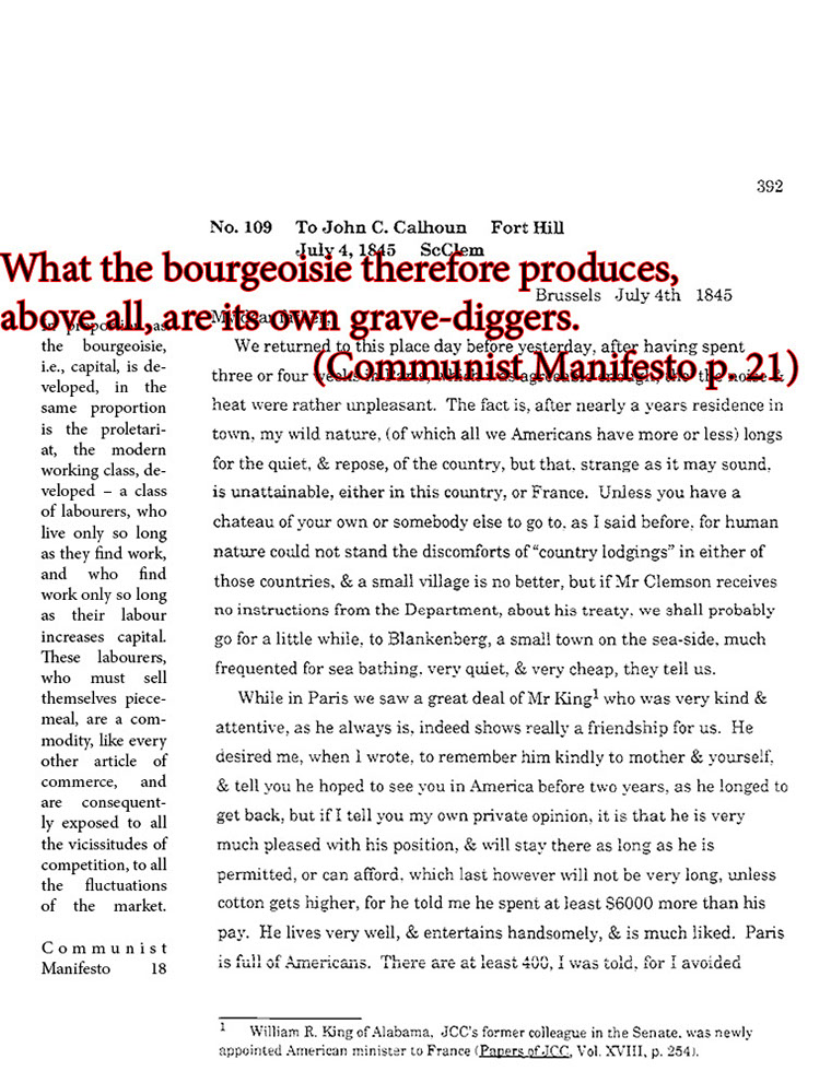 text-heavy image of letter annoted with large block red quotation from Communist Manifesto: What the bourgeoisie therefore produces, above all, are its own grave-diggers.