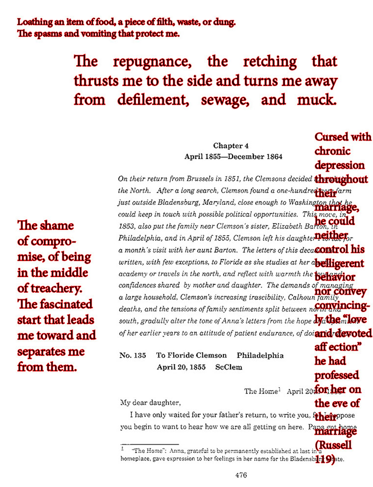 text-heavy image of 1864 letter annotated with red block quotations throughout