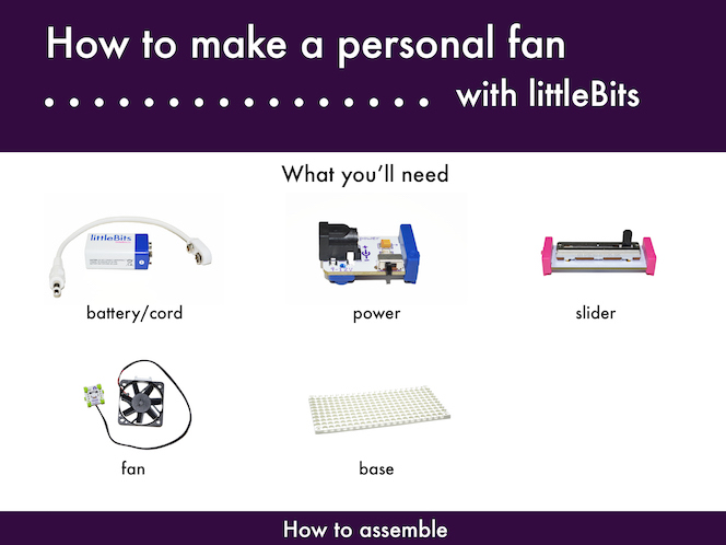 the top of an instruction set that reads: How to make a personal fan with littleBits; underneath the title are images of what users will need: battery, power, slider, fan, and base
