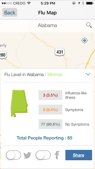 Screenshot of user-contributed flu activity in Alabama from FNY's mobile app. Shows number of participants reporting flu symptoms, any symptoms the program tracks, and no symptoms throughout the state.