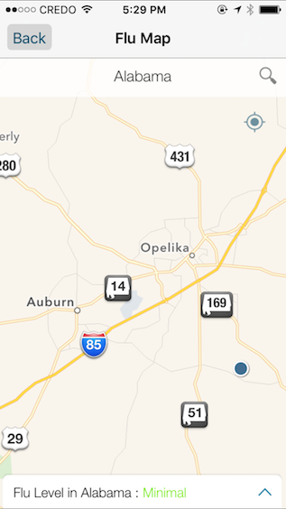 Screenshot of user-contributed flu activity in the Auburn, Alabama area.