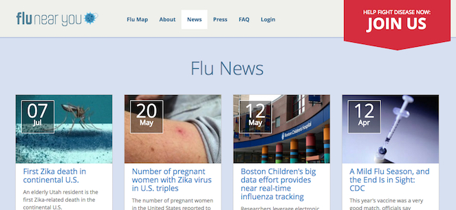 Screenshot of the portion of FNY's website that provides links to news stories about the flu and other infectious and communicable diseases that may be of interest to viewers.