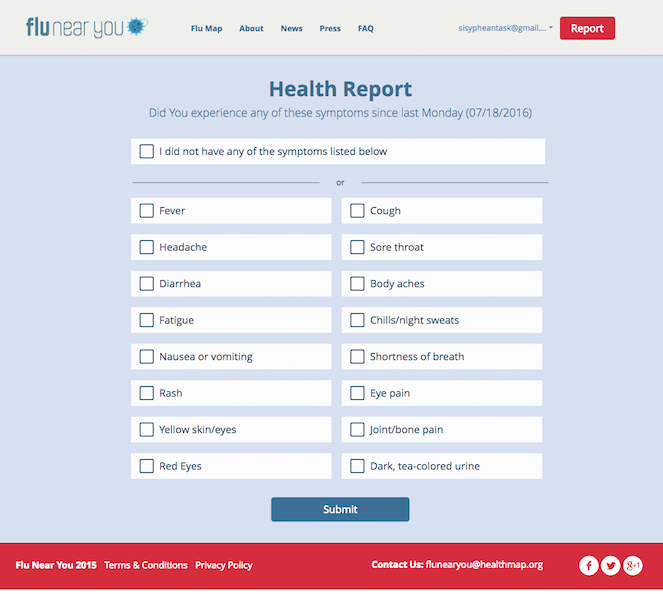 Screenshot of FNY's weekly Health Report on the program's website. Participants can select that they didn't have symptoms or choose from a list of possible flu-related symptoms such as fever, sore throat, and cough.