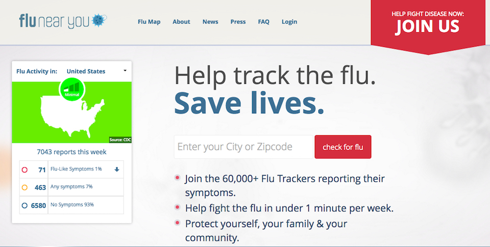 Screenshot of Flu Near You's (FNY) home page. Text and visuals encourage users to join, report the flu anonymously, and check for flu nearby. A red banner on the top right reads: Help Fight Disease Now: Join Us. The middle of the page reads: Spread the word. Not the flu. Users are prompted to enter their city or zip code to check for the flu reports nearby.