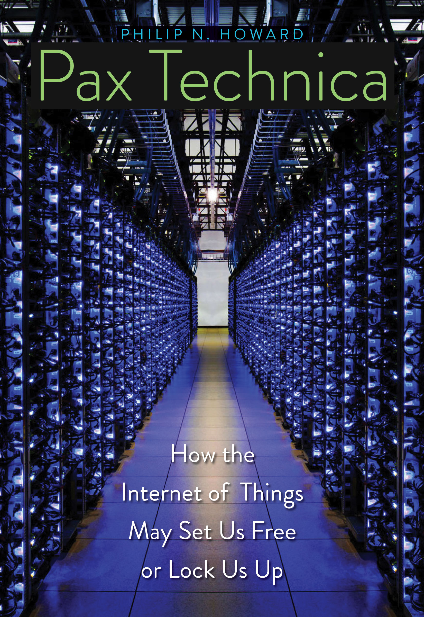 Image of Pax Technica book cover, which shows a pathway lined      with floor-to-ceiling servers on each side.