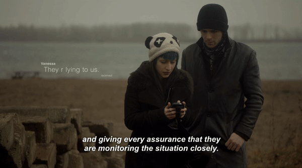 An animated gif from an episode of Between. A young man and woman look at the woman's phone as many text messages quickly fill our screen. There are too many on screen messages to read them all.
