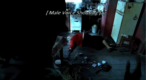 An animated gif from Night Watch featuring a subtitle that is made visible through a hand wave and wiped off the screen by a second hand wave: 'Sit still, witch!'