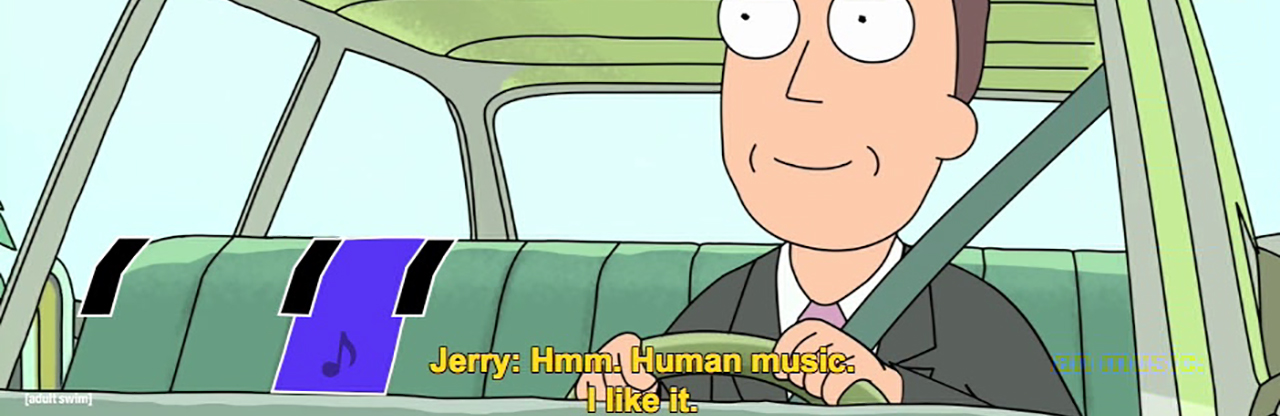 A frame from Rick and Morty featuring Jerry driving his car enjoying 'human music.' The simple three-note sequence is represented on the back of Jerry's car seat, which is transformed in my custom captions into a piano keyboard.