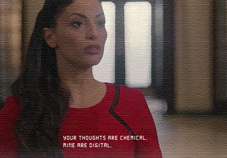 A frame from The 100 featuring a a woman (who is really an artificial intelligence character), and a matching computerized typeface for her speech caption. A stylized filter has distorted the frame considerably.