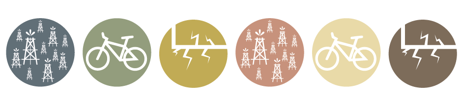 Image collage with sets of oil wells, bike, and pipes with lightning lines clip art in different colors