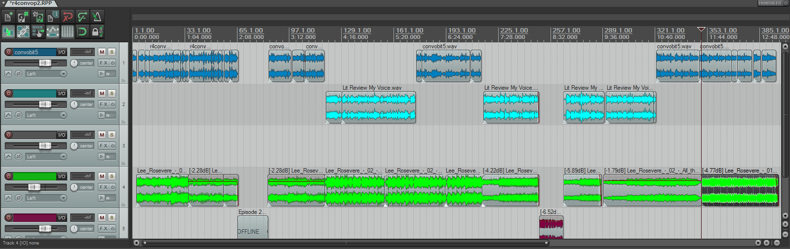 Screen shot of my audio editing program with the file for Part 2 of Conversation. There are 5 layers of sound, color coded.