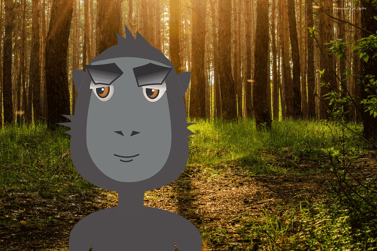 Animation of a grey monkey in a forest using a camera to take a selfie