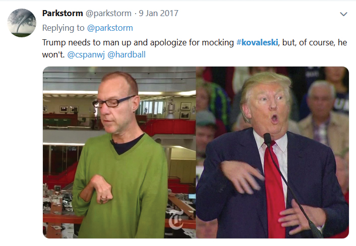 A tweet reads: 'Trump needs to man up and apologize for mocking #kovaleski but, of course, he won't.' Images below the tweet show Kovaleski and Trump side by side, the reporter with a curled up hand and Trump imitating the gesture while making a mocking facial expression.