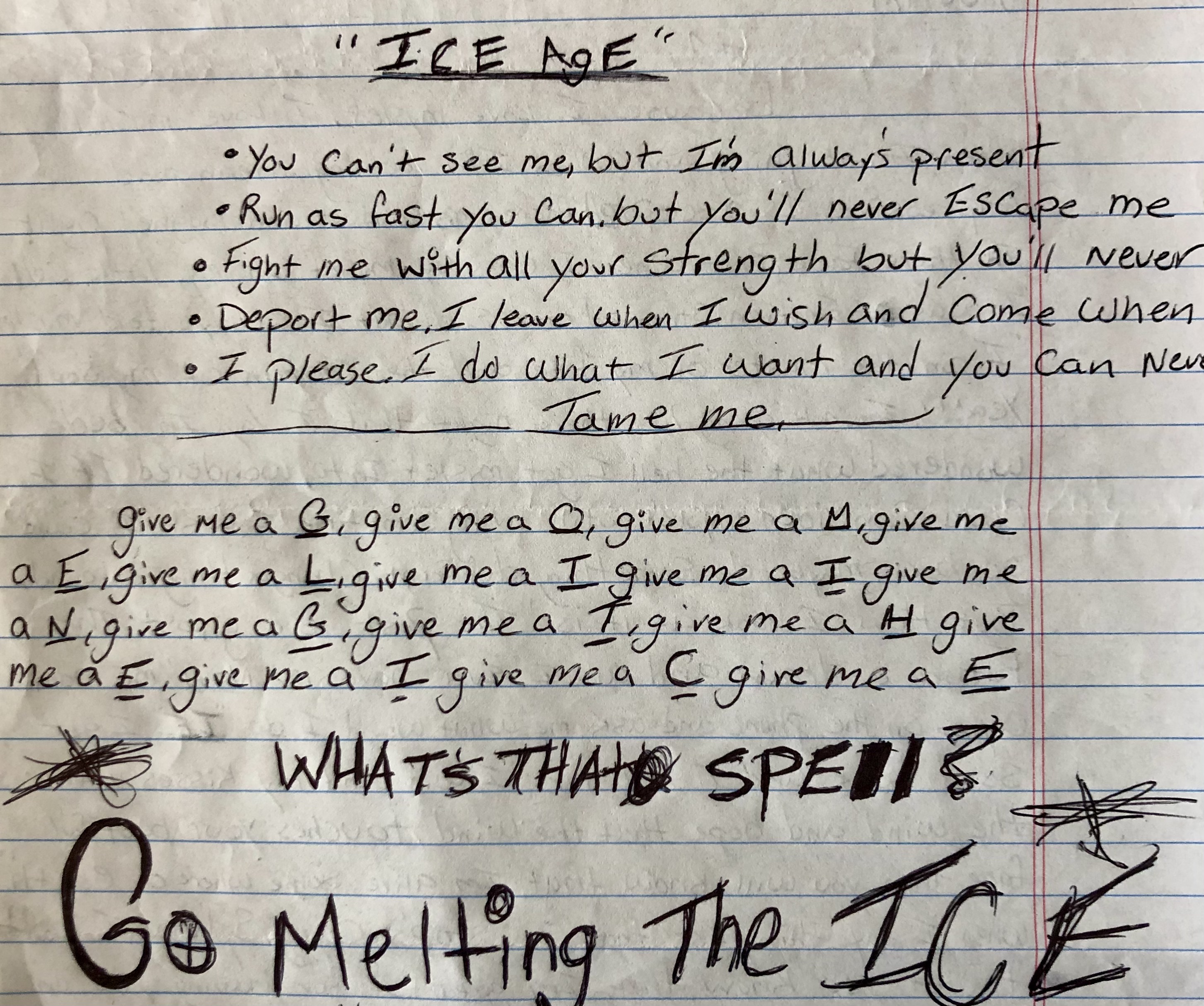 poem written by Jose, written on lined notebook paper. Transcript in caption