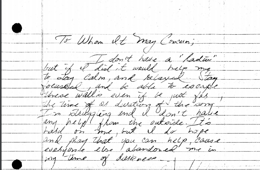 a scanned letter written on lined notebook paper. transcript in caption.