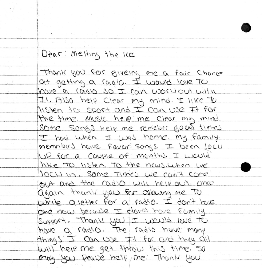 a scanned letter written on lined notebook paper. transcript in caption.