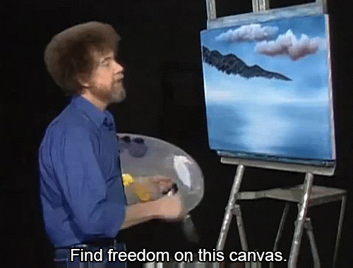 Bob Ross painting a cloud with the phrase find freedom on this canvas underneath