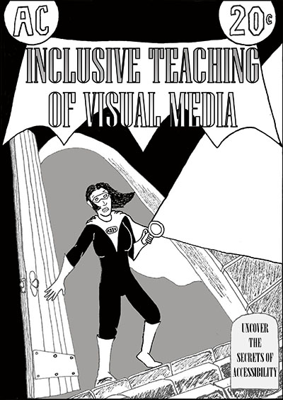 Comic book cover titled Inclusive Teaching featuring female superhero shining a flashlight into offscreen cellar