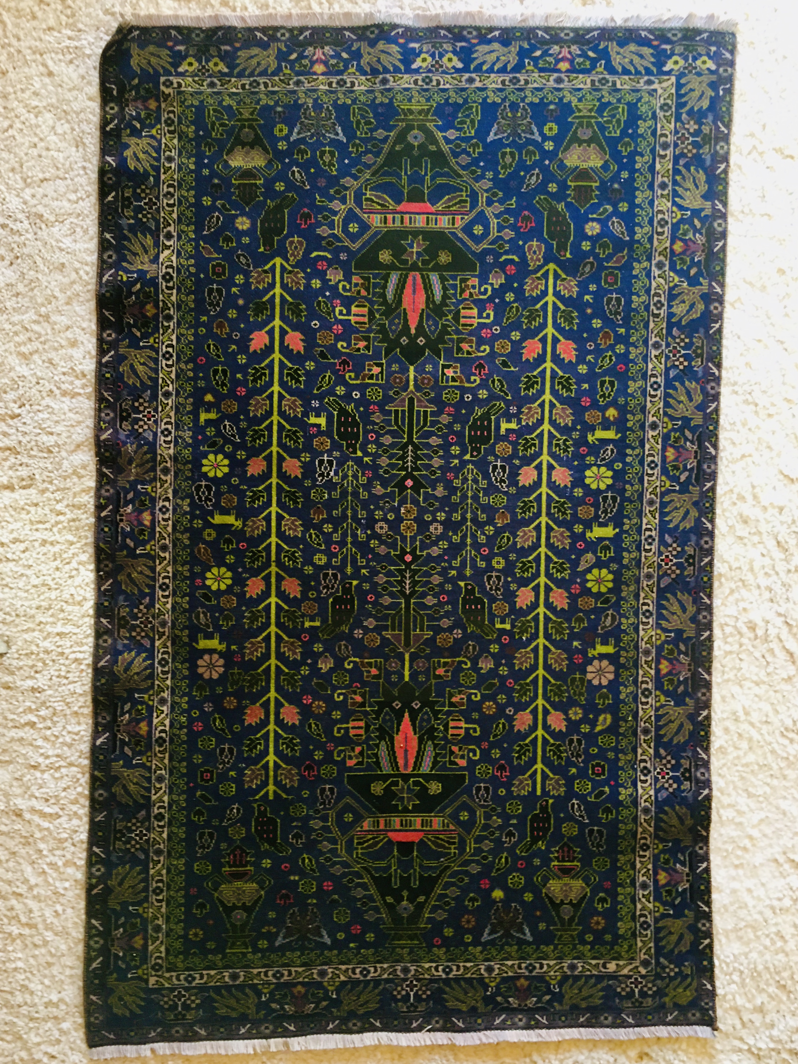 A dark blue rug with green vines and black birds, among other elements