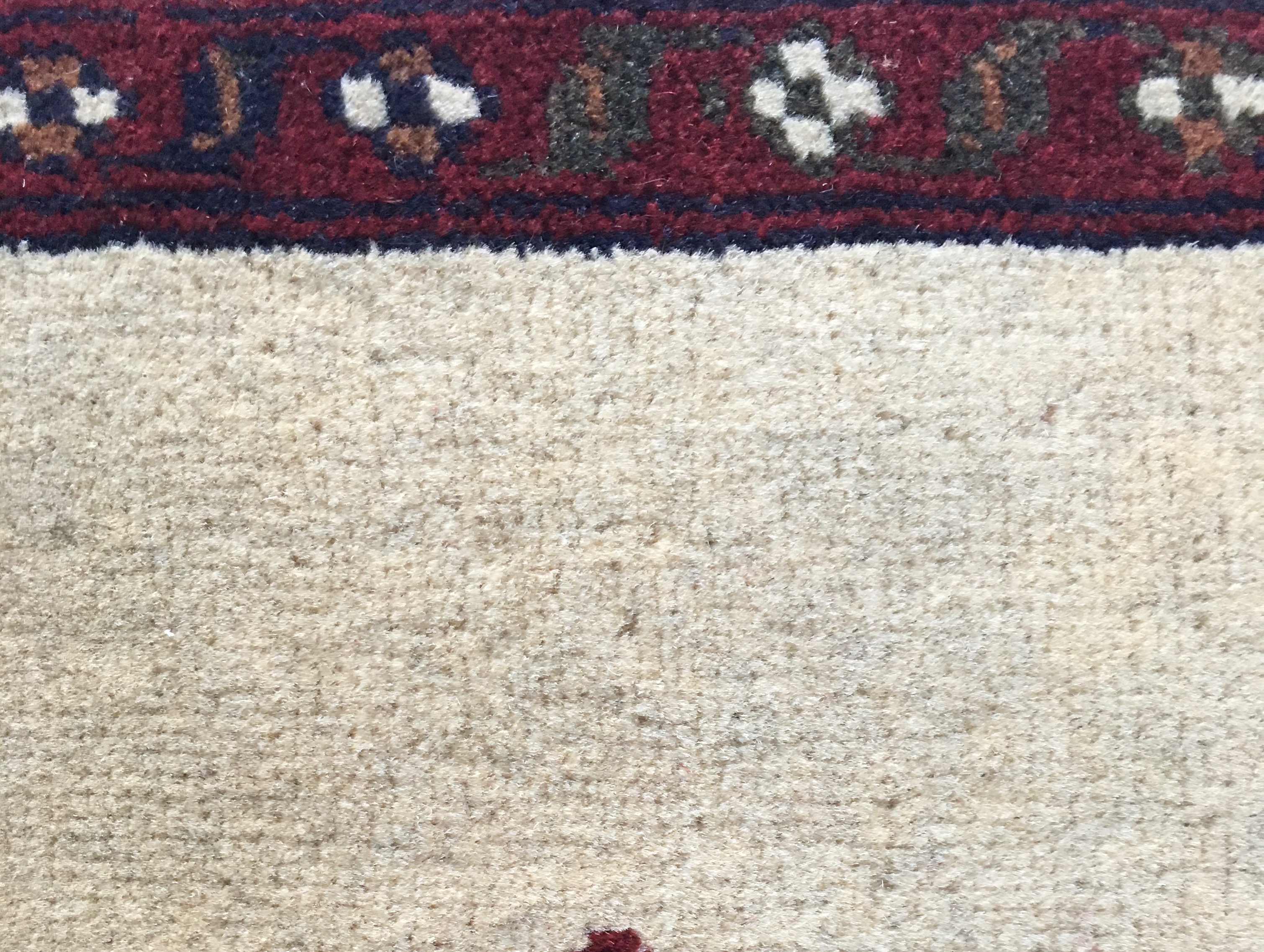 Detail of rug's top border, which includes a floral motif
