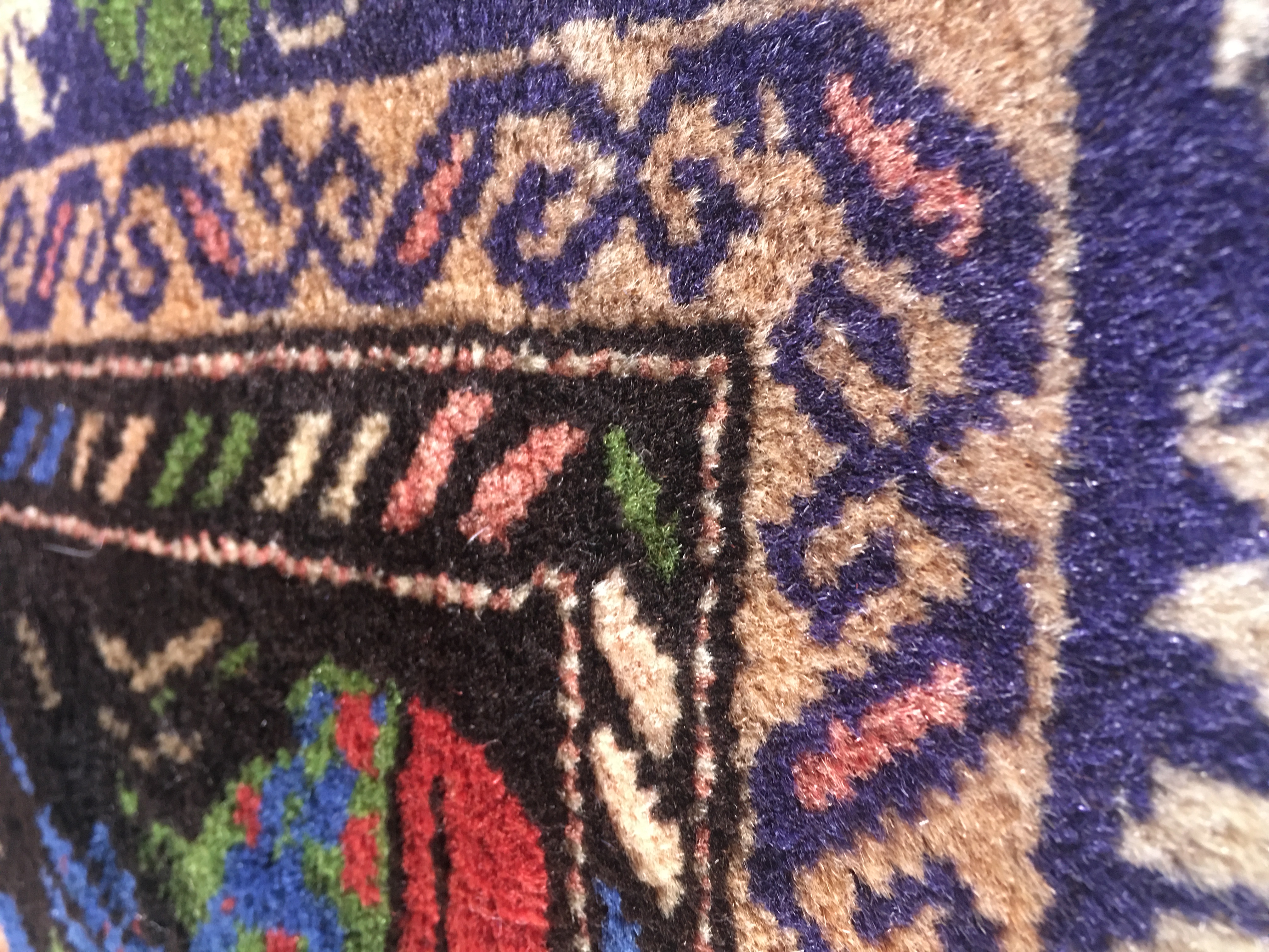 A close-up of the bottom right corner of the Shirin rug, demonstrating the wide range of colors used by the designer–weaver. Blue, brown, pink, green, red, and off-white are pictured