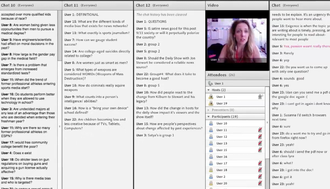 Instructor-led student chat. There are four chat columns and a video column with a list of attendees underneath the instructor's video