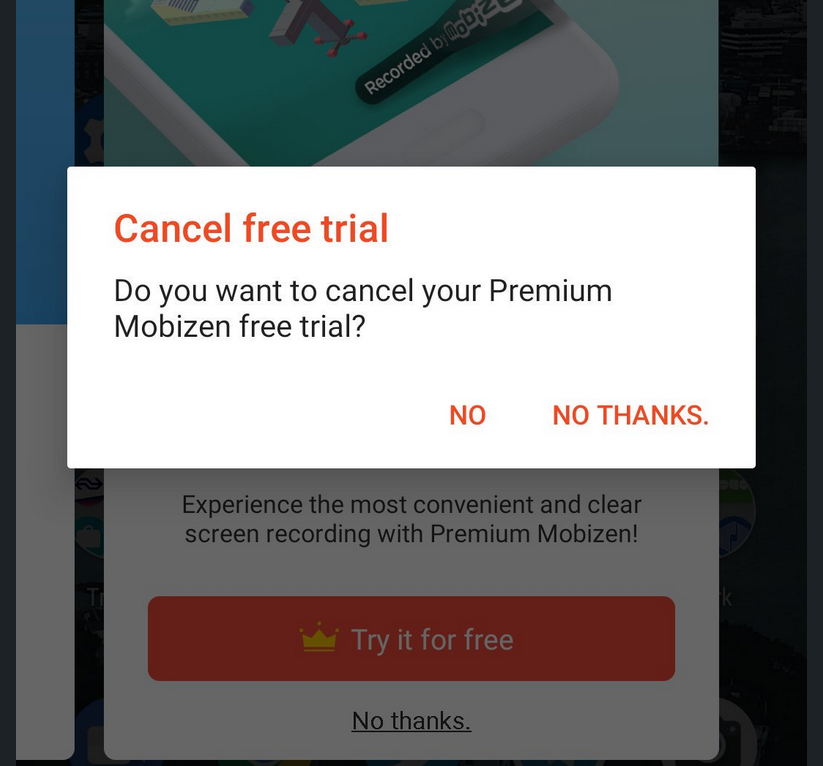 Pop-up to cancel free trial with two buttons: No, or No Thanks.