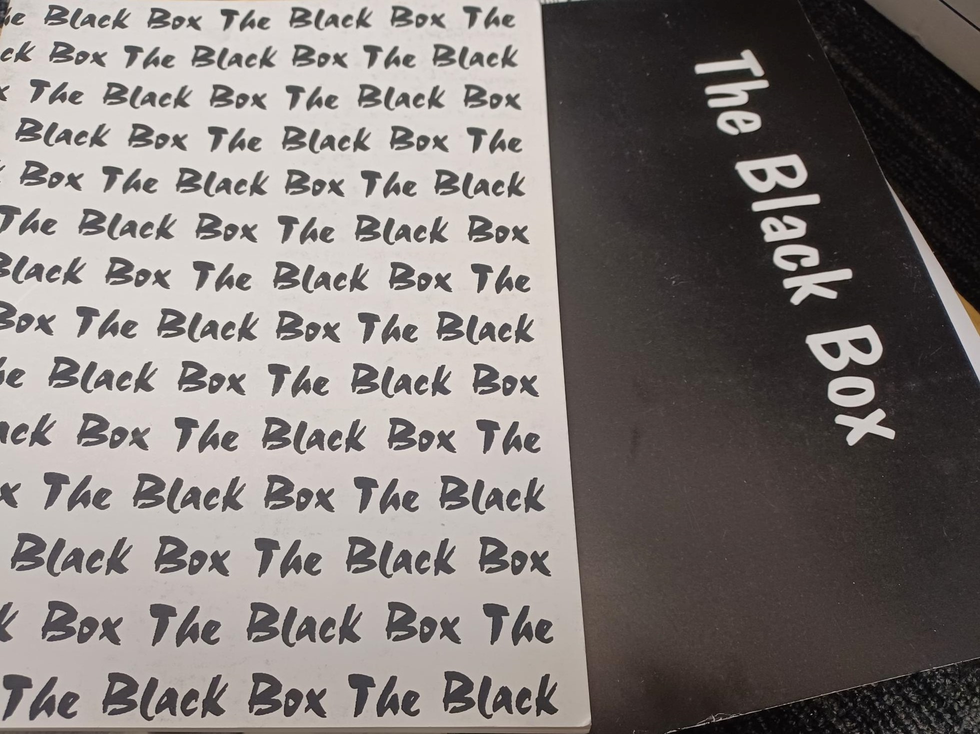 Photo of two black-and-white print copies of The Black Box magazine; both have simple, monochrome typographical designs.