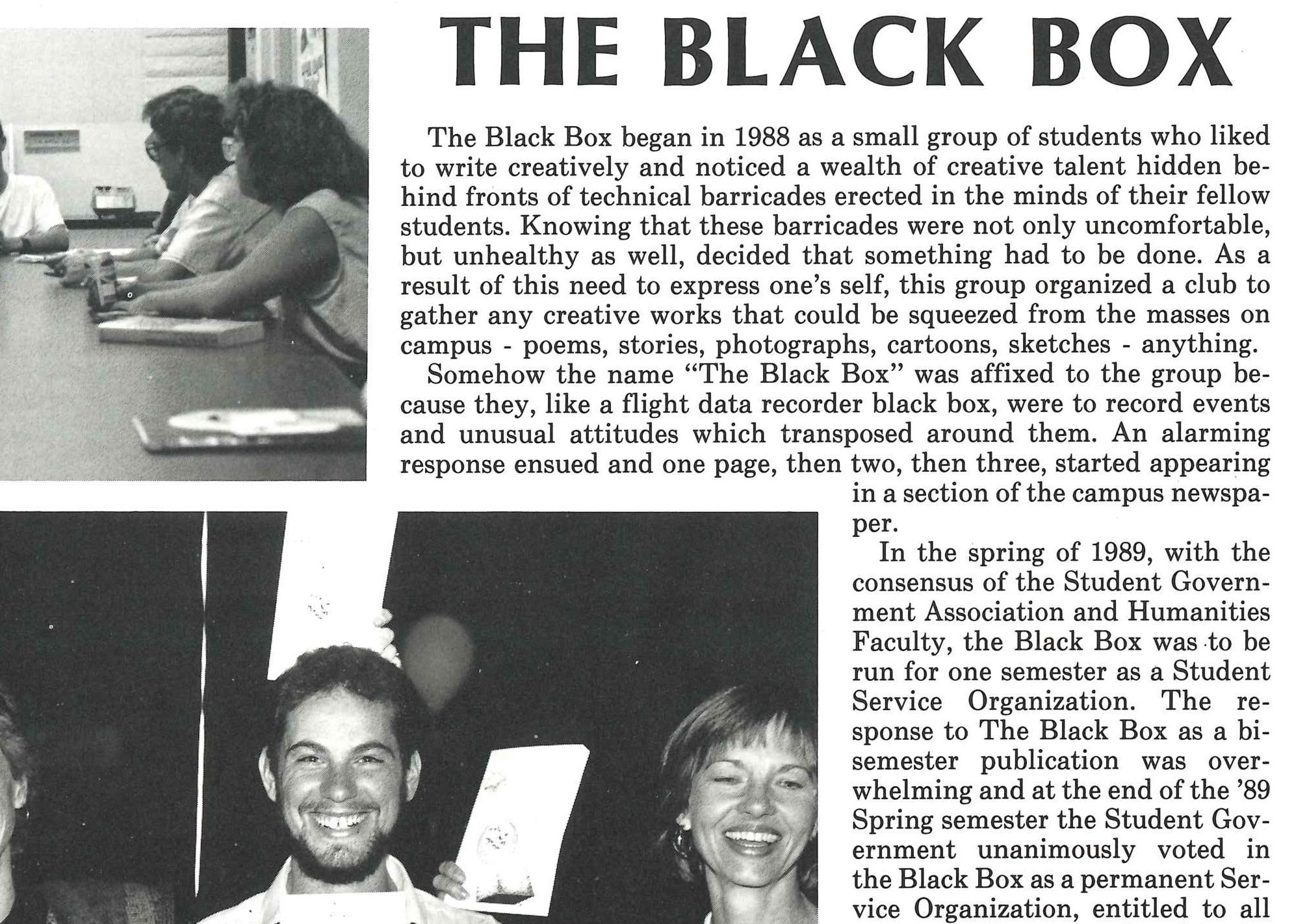 A scanned black-and-white page from ERAU-Prescott's 1990 yearbook, featuring The Black Box magazine and student organization. Eileen smiles alongside her students in the photos on this page.