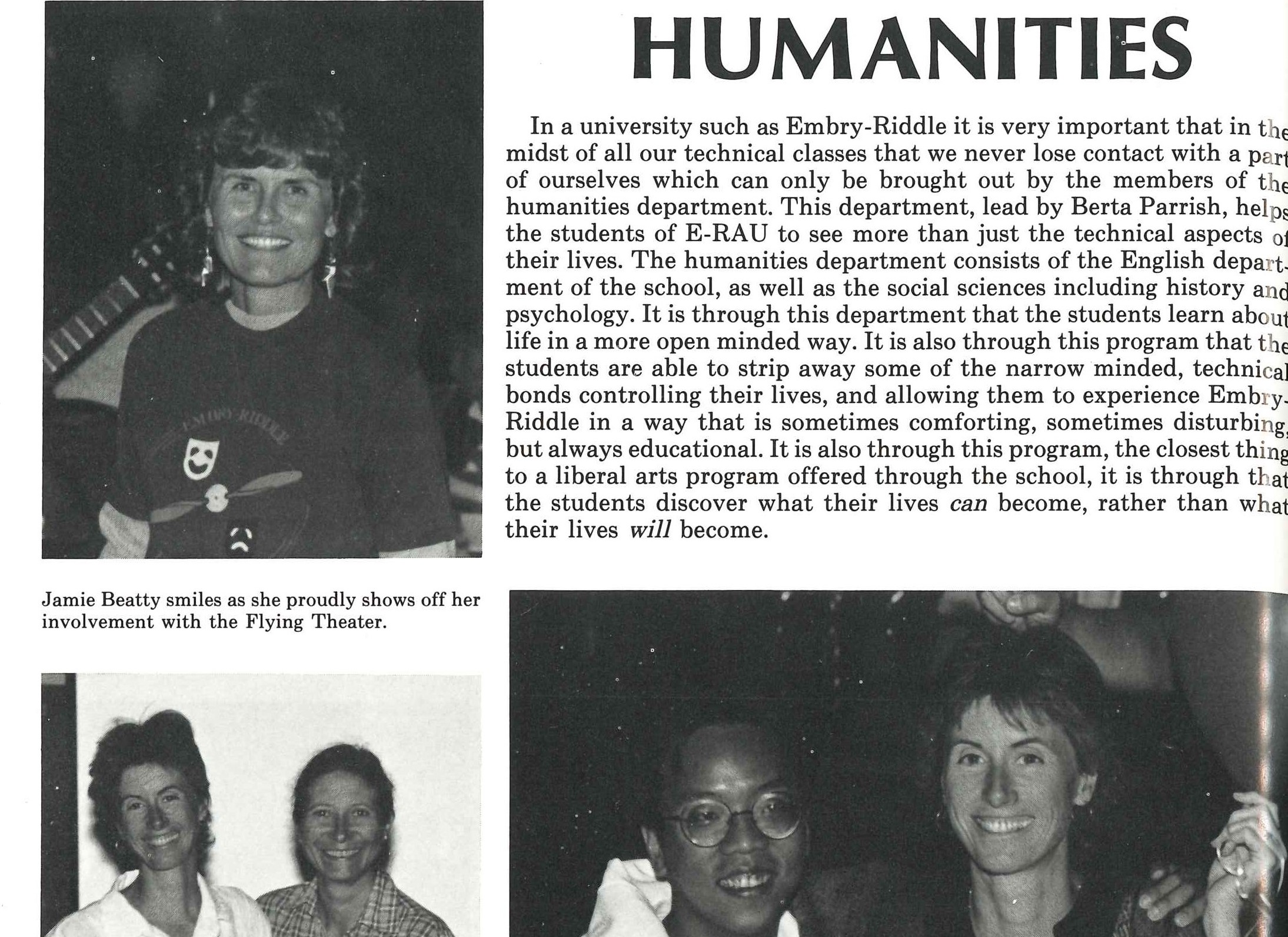 A scanned page from ERAU-Prescott's 1990 yearbook, featuring the Department of Humanities. Eileen is featured in two of the central photos.