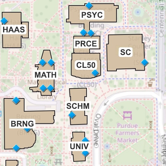 map of Purdue University with blue diamonds marking accessible entries