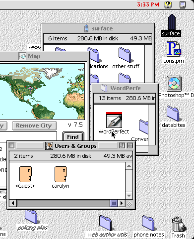 screenshot of mid-1990s Macintosh desktop, with windows open and icons on the desktop