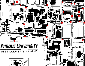 map of Purdue University with red dots for emergency call boxes