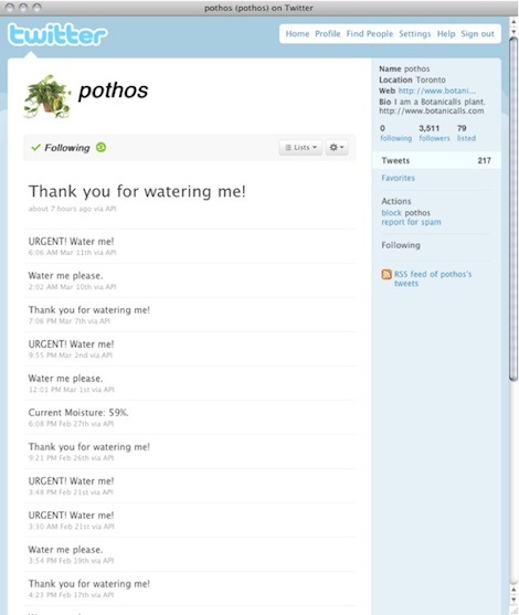 screenshot of Botanicalls twitter feed, user @pothos with recent tweet: Thank you for watering me!