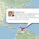 Twittervision (dataviz): map of Americas with red bird and pop-up text