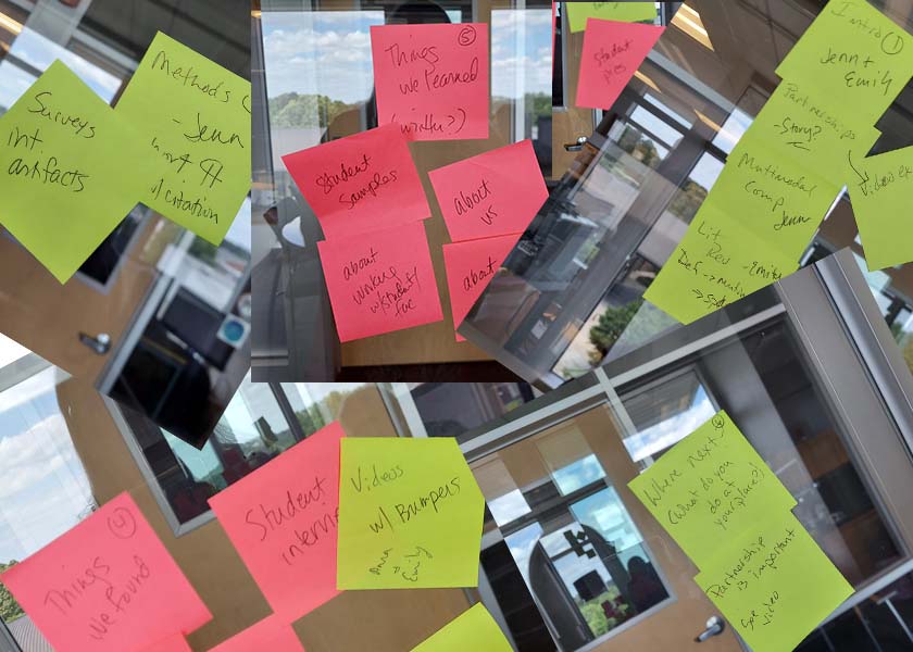 Photo collage of pink and green post-it notes
