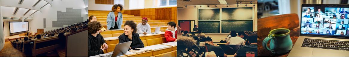 Collage of 4 photos: a lecture hall; students in a lecture hall; students viewed from behind; and a laptop showing a Zoom meeting