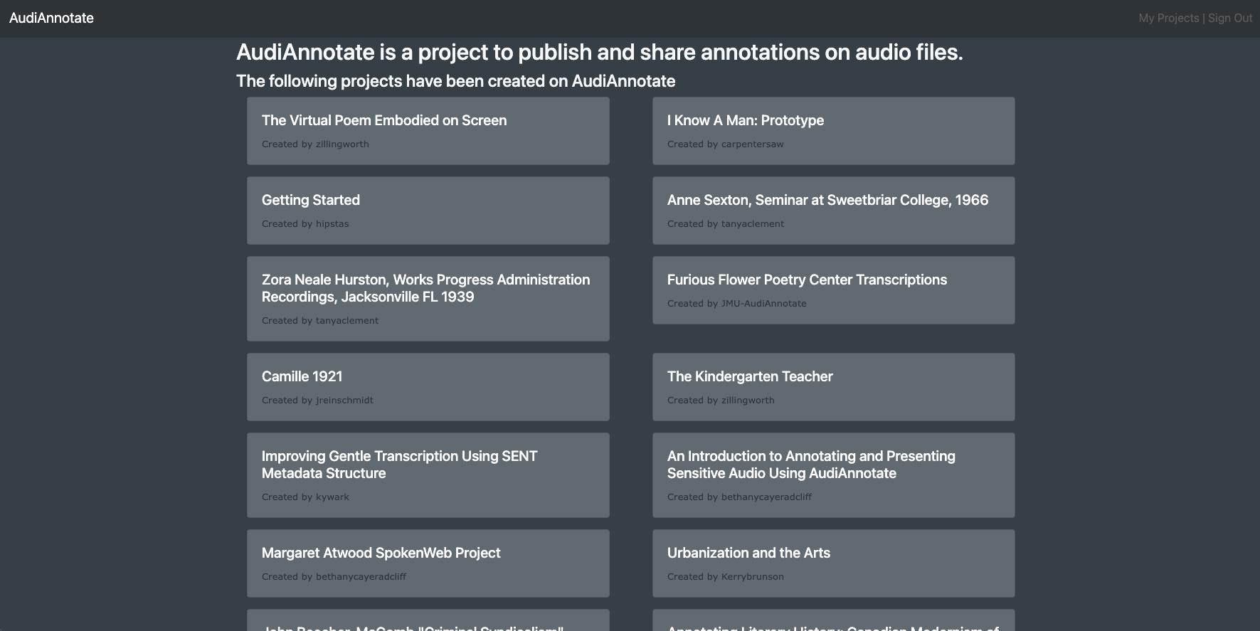 AVAnnotate application home page with titles of multiple example projects, plus 'My Projects' and 'Sign Out' in top right corner