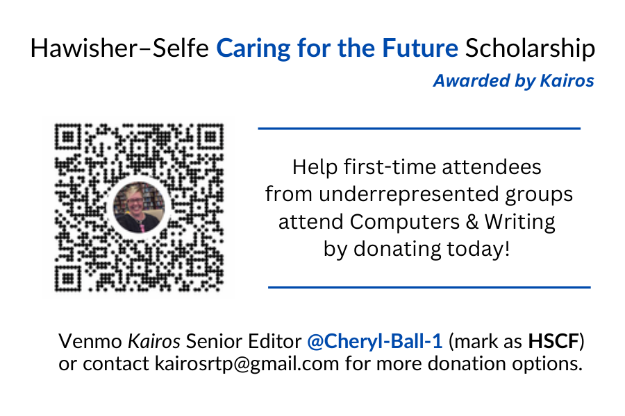 donation request for Hawisher and Selfe Scholarhips, with QR code to donate to @Cheryl-Ball-1