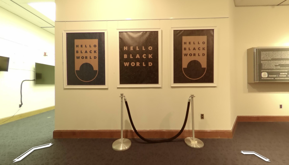 A set of posters and a rope barrier for the Hello Black World exhibity.