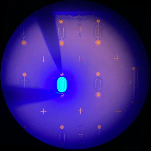 An illuminated blue LED.