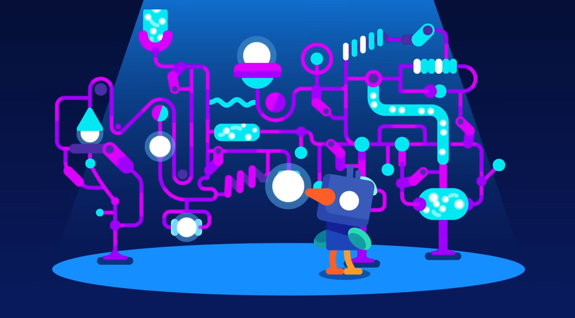 A network of science-themed icons displayed in a cartoon style.