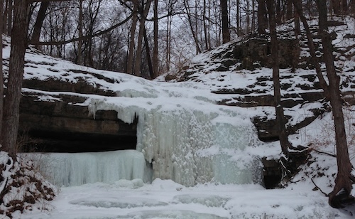 A small frozen waterfall.