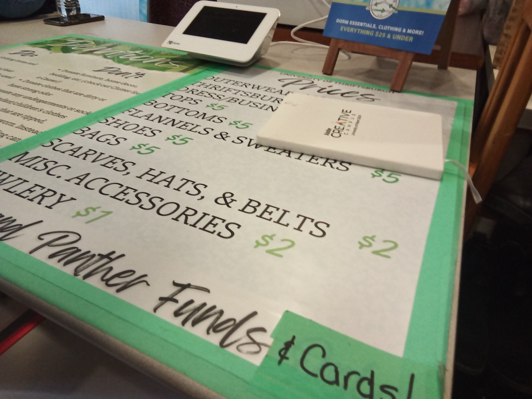 Re-use clothing store price list - bags $5,belts 2$