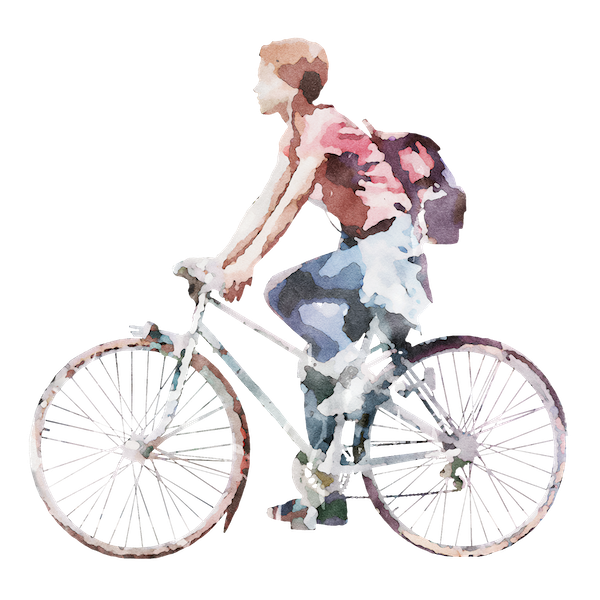 A person rides a bicycle across the screen