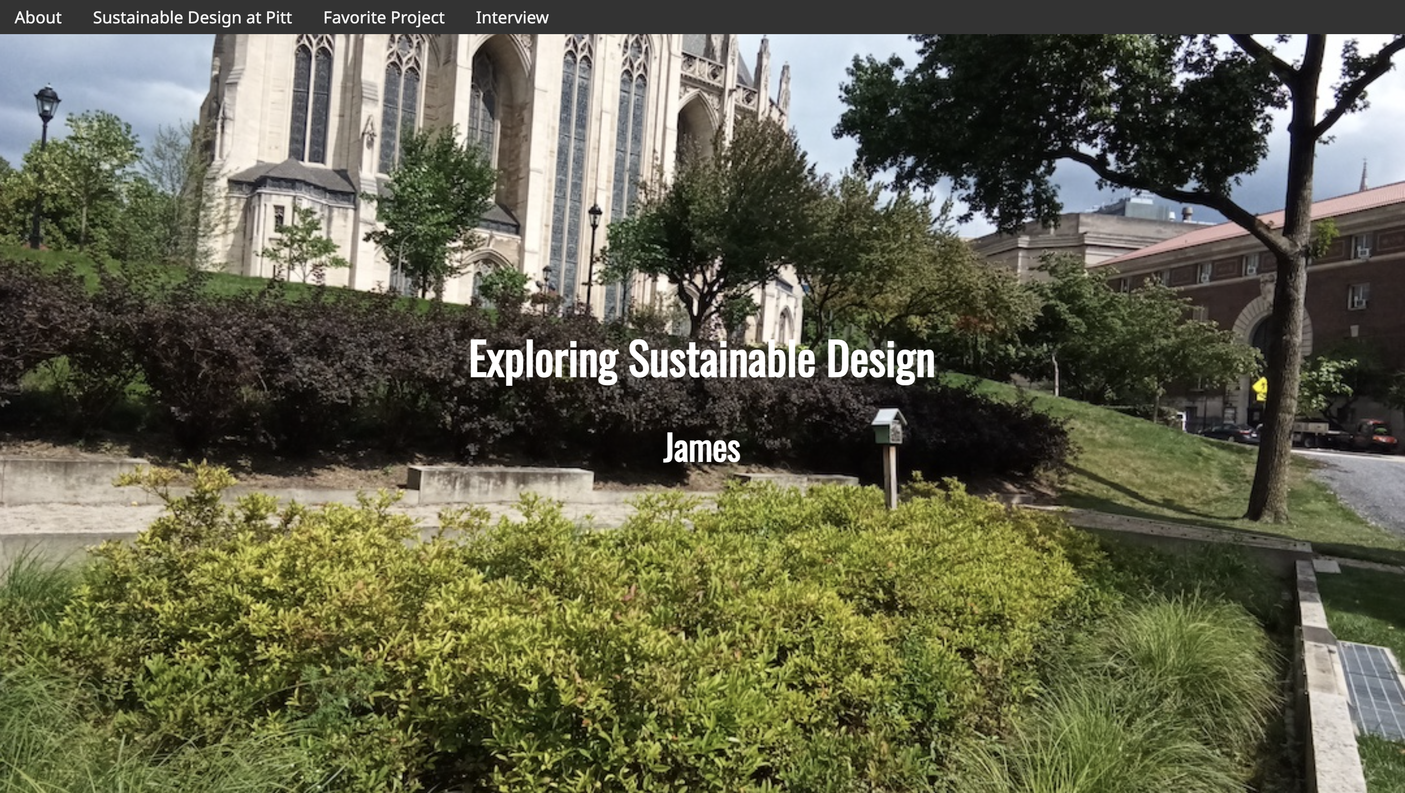 screenshot of James's website, featuring low-angle shot of Cathedral of Learning