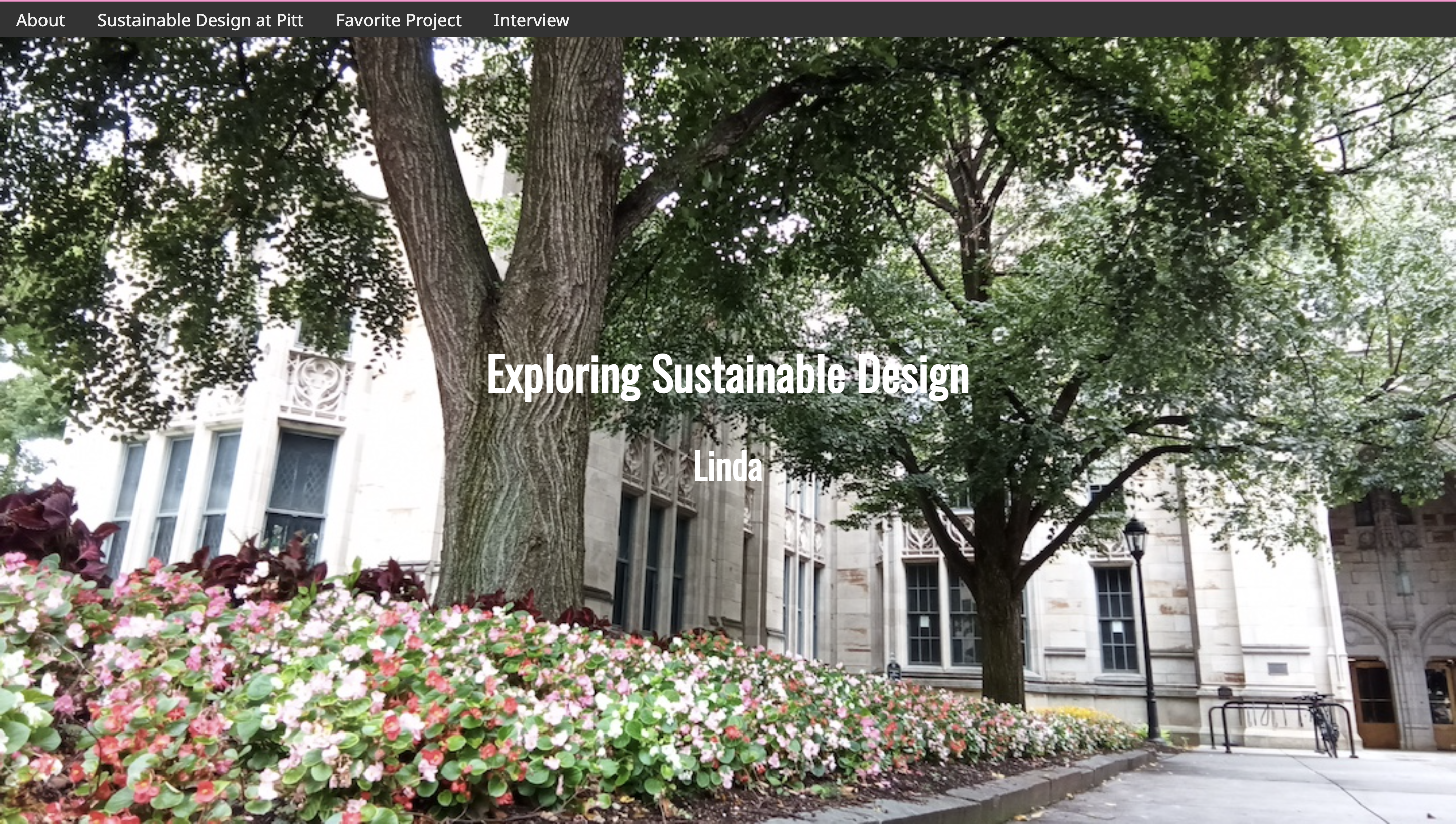 screenshot of Linda's website, featuring flowerbed and trees in front of a building