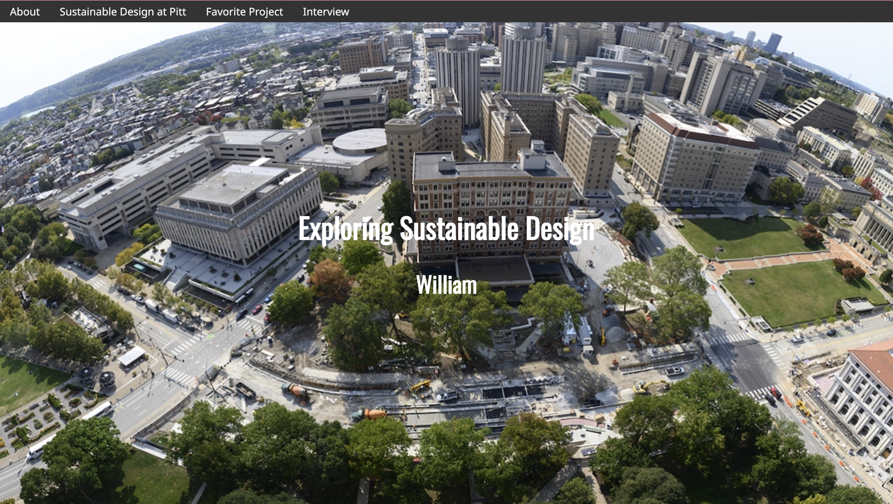 screenshot of william's website, featuring an aerial shot of Pittsburgh