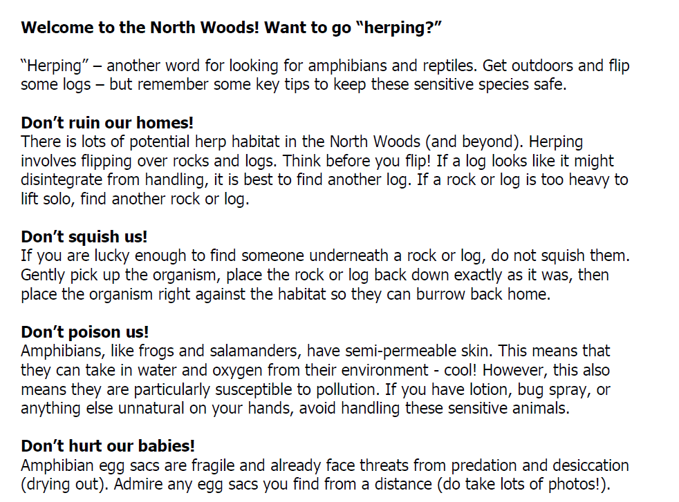 Excerpt from web-based ethical herping handout. Transcript pdf linked to in figure caption